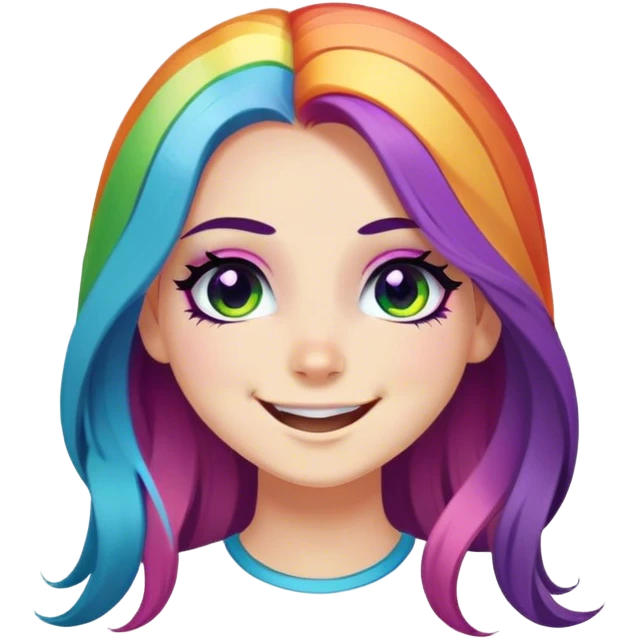 Pretty Girl with black eyeliner and long rainbow hair doing a mischievous smile emoji