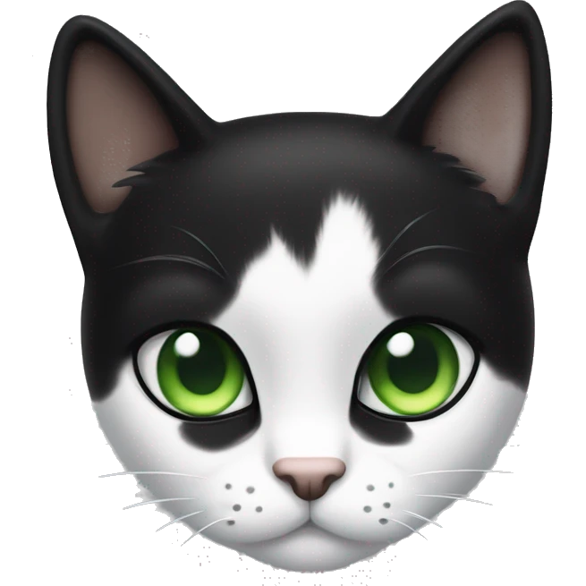 A small tuxedo cat with sleek black fur and a white chest, paws, and belly. It has bright green eyes, long white whiskers, and a white mustache going across its face. emoji