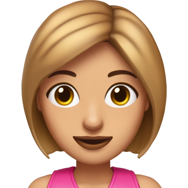 Una mujer de piel bronceada ojo redondos pestañas de muñeca ojos color café, cabello corto estilo Bob con destellos rubios boca fina color rosa. Ceja finas y delicadas orejas derecha con 4 perforaciones y orejas izquierda con 2 perforaciones  emoji