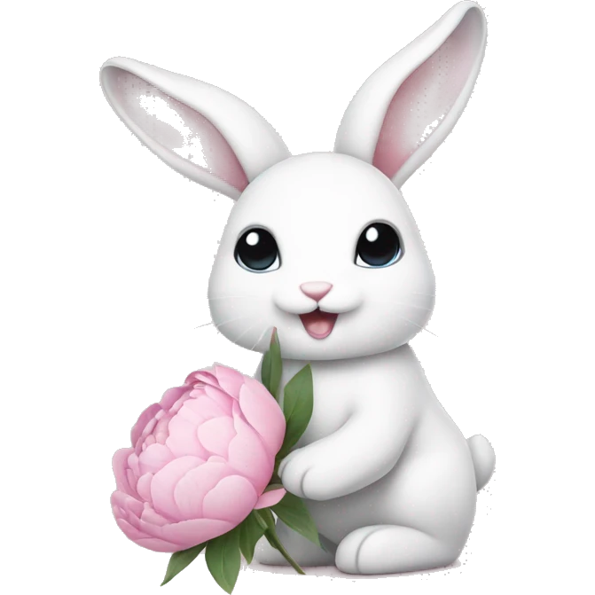 cute white bunny holding light pink peonies emoji