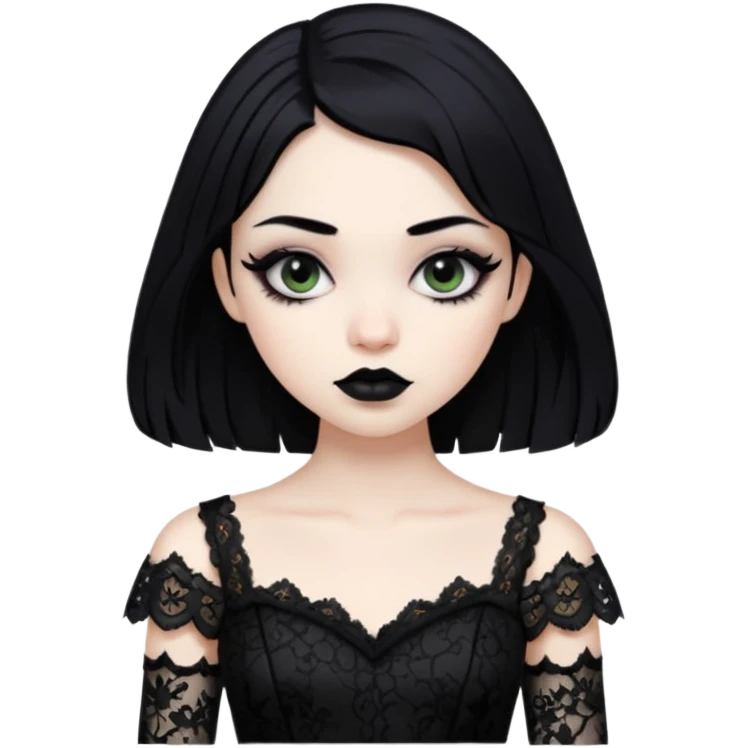 gothic girl pale skin with black lipstick and black hair and eyeliner wearing a black dress lace  emoji