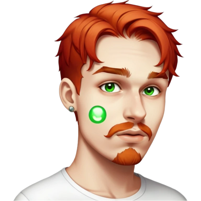 male, wearing white shirt, septum piercing, dark green eyes emoji