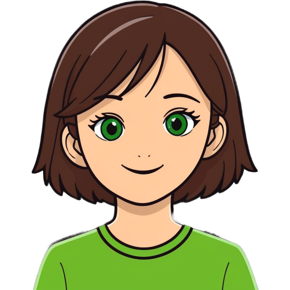 girl with middle and dark brown hair, green eye, happy emoji