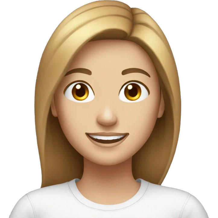 Woman in her late twenties, white, brown hair smiling, tshirt jeans emoji