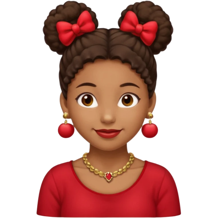 Brownskin girl dark brown hair fluffy.Two buns with red bows brown eyes smiling closed mouth red shirt gold esrrings gold necklace emoji