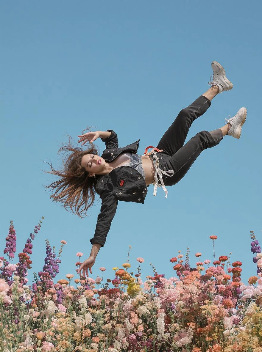 Cinematic still of a woman falling down around colorfull flowers wearing alternative fashion, blue sky minimalistic background emoji