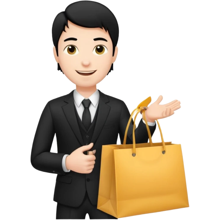 a white man black hair in a black suit with clothing shopping bag emoji