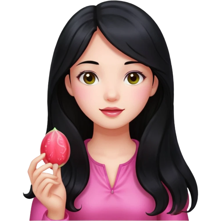 A girl with long black hair holding a piece of guava hard candy emoji