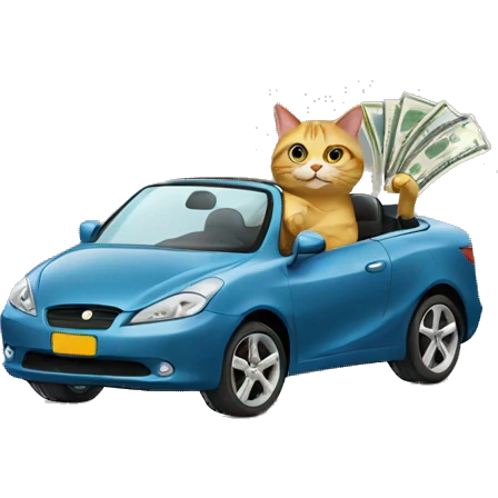 Cat driving a car with money emoji
