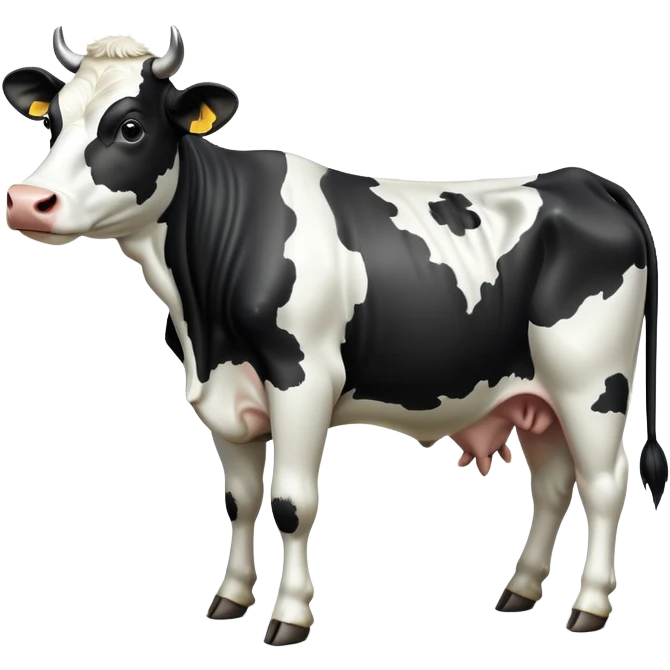 cinematic-[black and white cow]-realistic-full-body-standing-emoji,-tail-flicking-lazily,-head-tilted-dramatically,-sleek-[black and white]-coat,-simplified-yet-realistic-focused-features,-highly-detailed,-glowing-with-an-almost-sarcastic-glow emoji
