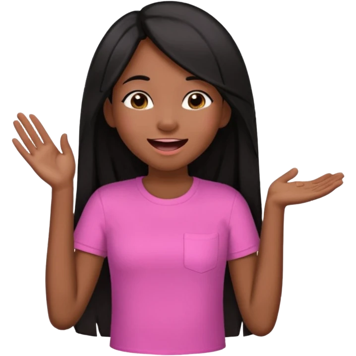 Chocolate brown girl wearing a pink shirt with long straight jet black hair giggling, she has one hand behind her back and one over her mouth  emoji