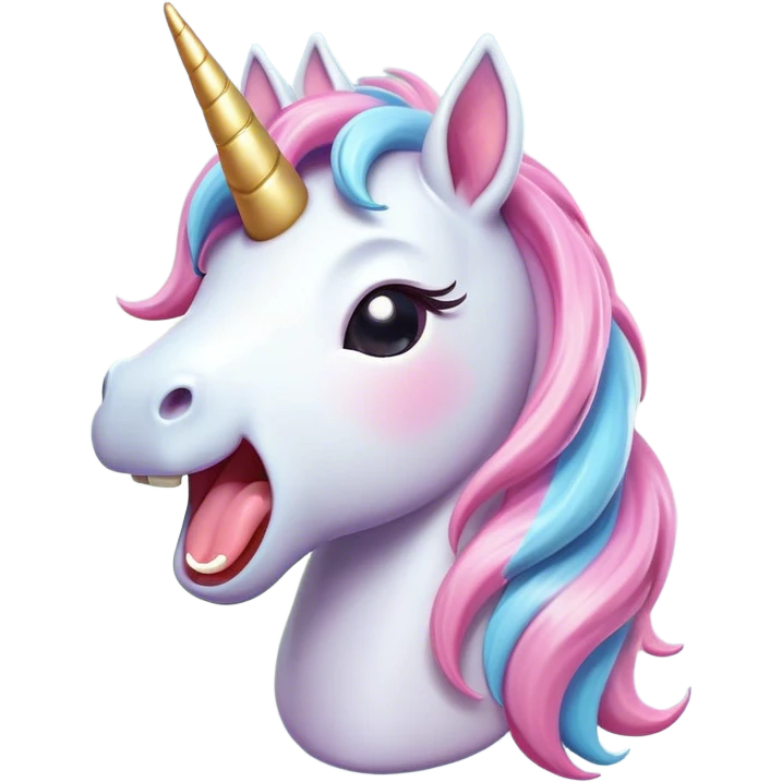 Cinematic Cute Yawning Unicorn Pony Portrait Emoji, Head tilted slightly with a dramatic, wide-open yawn, showcasing a petite, softly glowing form with a gently drooping mane, a subtle, shimmering horn and sleepy, half-closed eyes, Simplified yet irresistibly adorable features, highly detailed, glowing with a soft, cozy pastel glow, high shine, relaxed yet expressive, stylized with a dash of whimsical enchantment, soft glowing outline, capturing the essence of a drowsy yet affectionate unicorn pony that appears ready to stretch and yawn its way off the screen! emoji