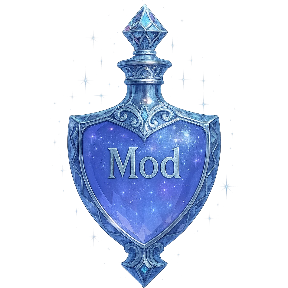 luxurious crystal elixir bottle in shield shape, color #7986cb, ornate silver and iridescent details instead of gold, magical glowing and sparkling effects, very small neck, seamless bottom, transparent background, bottle floating in air, no base or shadow, modern collection style, the word 'Mod' written on the bottle emoji