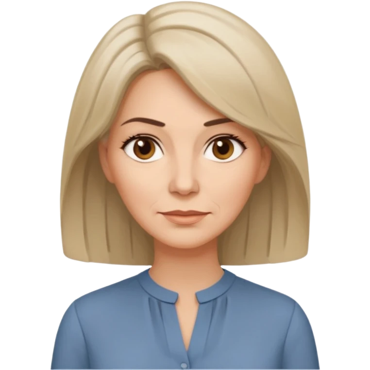 Женщина около пятидесяти лет с аккуратно уложенными волосами средней длины, мягкое, но собранное выражение лица, лаконичная блузка спокойного оттенка. emoji