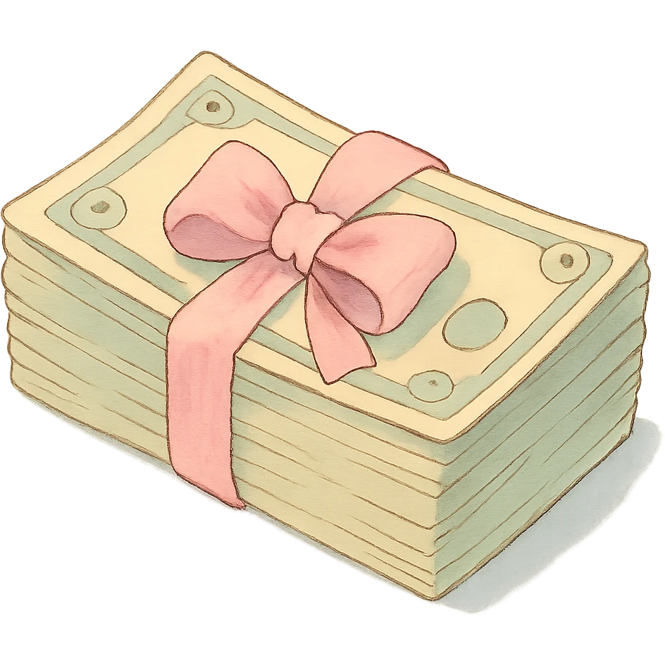 a stack of money in pastel colors, tied with a pastel pink bow, soft and cute emoji