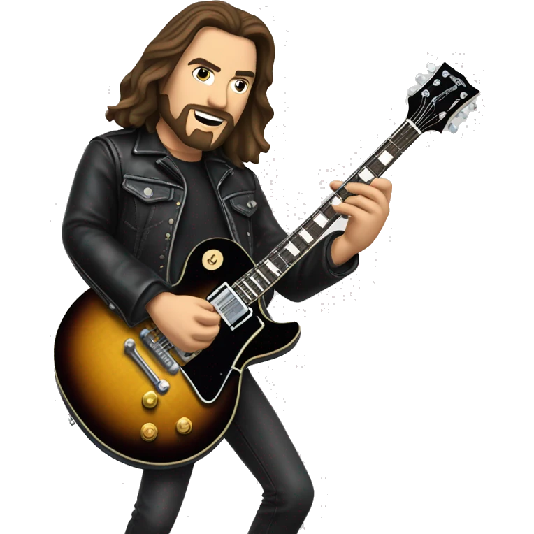 A man with Long brown hair and goatee is wearing a black leather jacket, black spandex pants, Chuck Taylor shoes while playing a Gibson Les Paul guitar  emoji