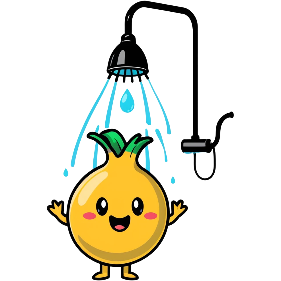 onion character taking a shower, water pouring from showerhead emoji