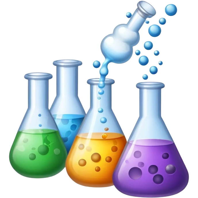An icon featuring chemical flasks, liquids, powders, and chemical formulas, symbolizing the science of chemistry. The design includes bubbling reactions, molecular structures, and test tubes, representing experimentation and chemical analysis. Transparent background. emoji