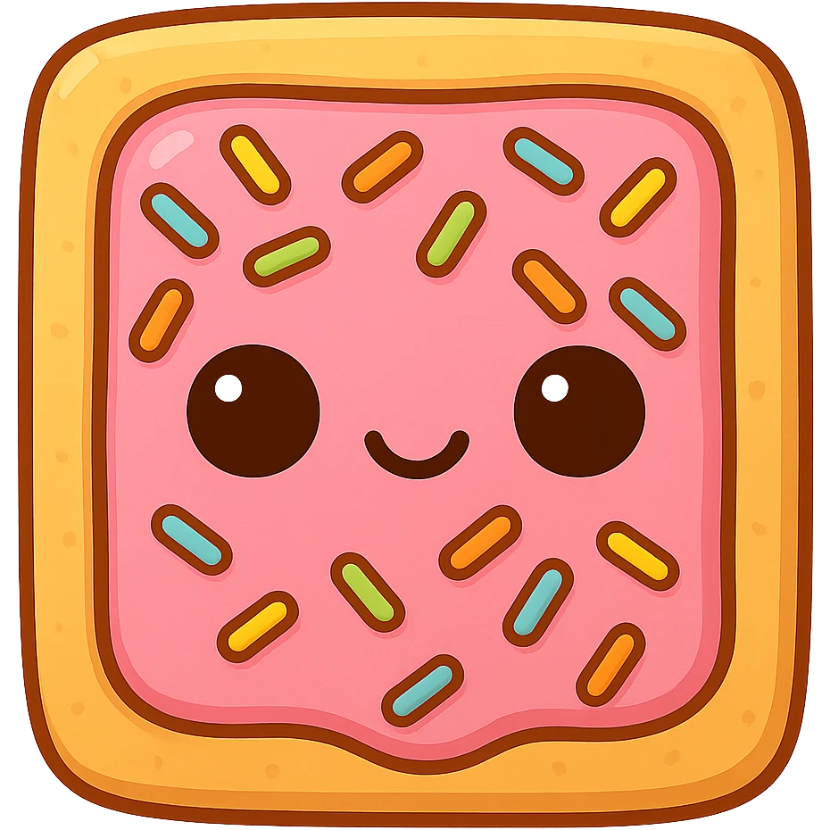 Increase the contrast between the colors on the chibi poptart: make the pink frosting, sprinkles, and crust more vibrant and distinct, while keeping the eyes solid black with white dots and maintaining the transparent background. emoji