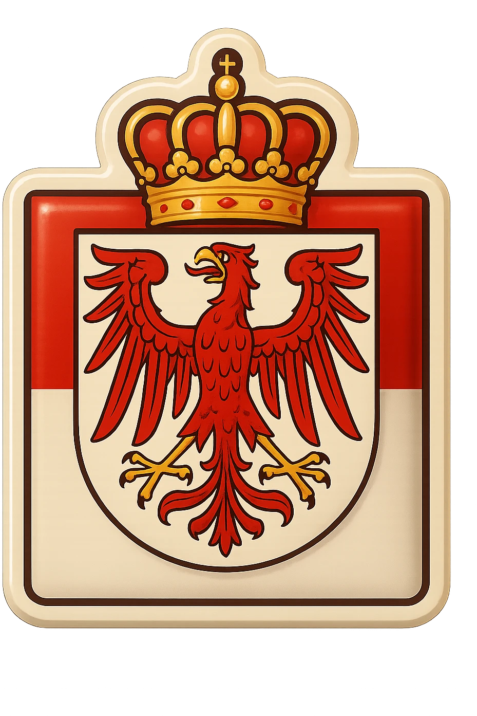 Create an emoji of the Brandenburg coat of arms featuring the red eagle and crown. Make it less cartoonish and more official looking. Use the official Brandenburg flag as a clear rectangular background similar to the Berlin icon style. Keep it in the same retro stickers style and do not include any text. emoji