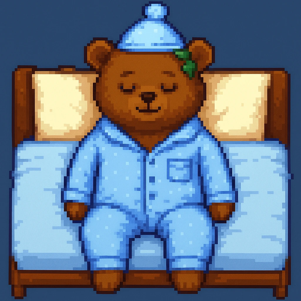 A bear in pajamas, pixel art style, sleeping with a nightcap, with a hat emoji