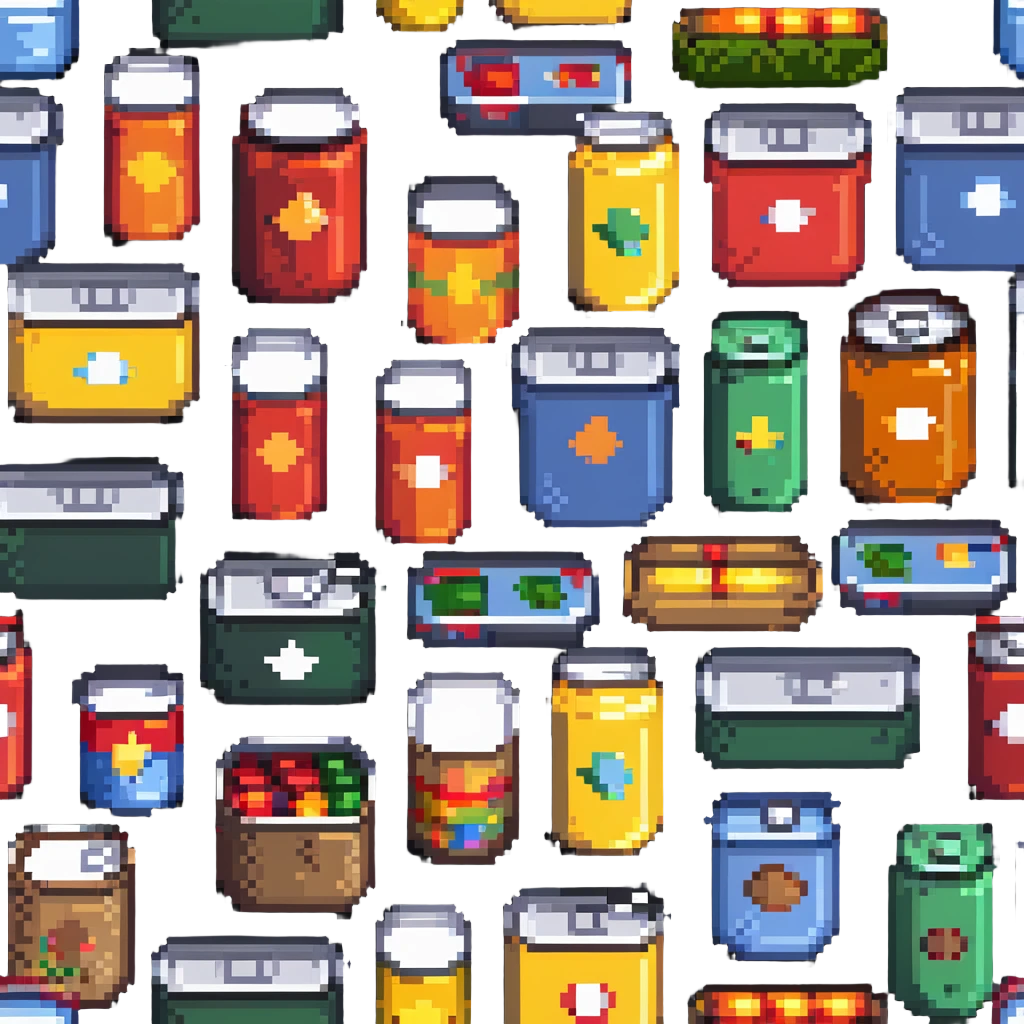 Four pixelated canned food items in a row, different colored cans emoji