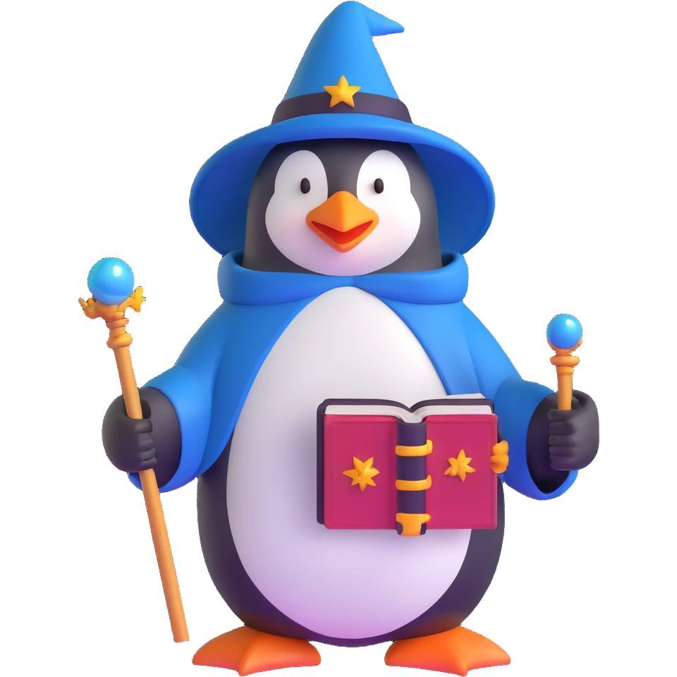 penguin wizard with spell book and magic staff emoji