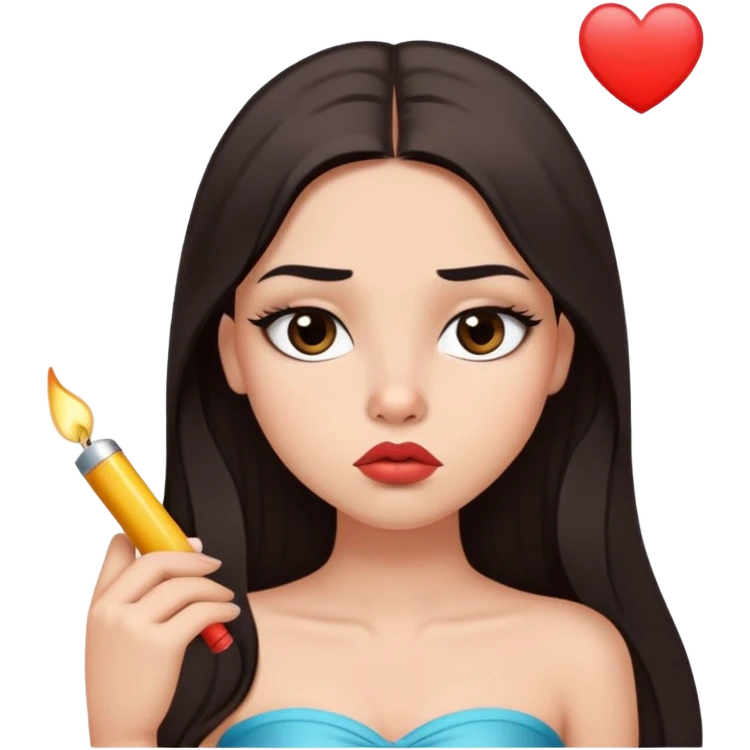 girl with lighter skin, dark brown long straight hair, pouty shiny lips without cupid's bow, large eyes, lighter button nose, long oval-shaped face, wearing a bandeau top emoji