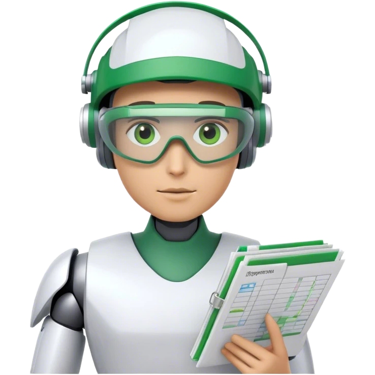 human like robot wearing  accountant Green eyeshade visor  and holding spreadsheets emoji