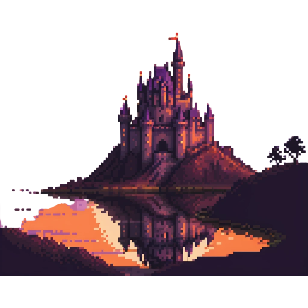 castle at sunset with warm orange and purple sky, dramatic lighting, no characters emoji