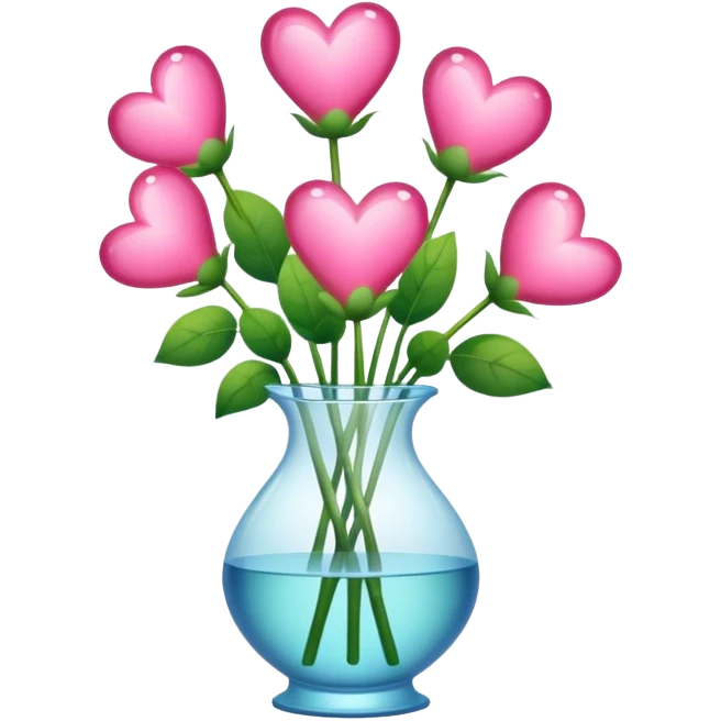 a transparent vase with flowers and the flowers should be in the shape of pink hearts, of which there should be 7 emoji