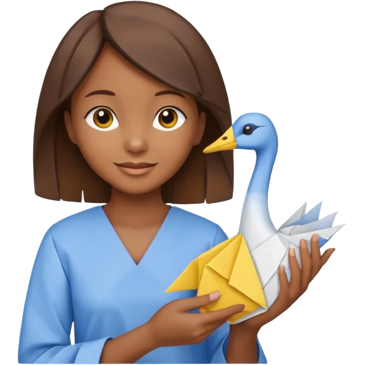 happy-african-young-girl-with-brown-hair-in-a-white-kanga-shirt-holds-an-origami-yellow-and-blue-crane emoji