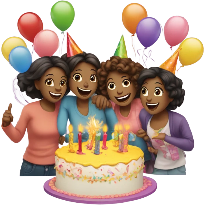 Five women friends celebrating birthday of one emoji