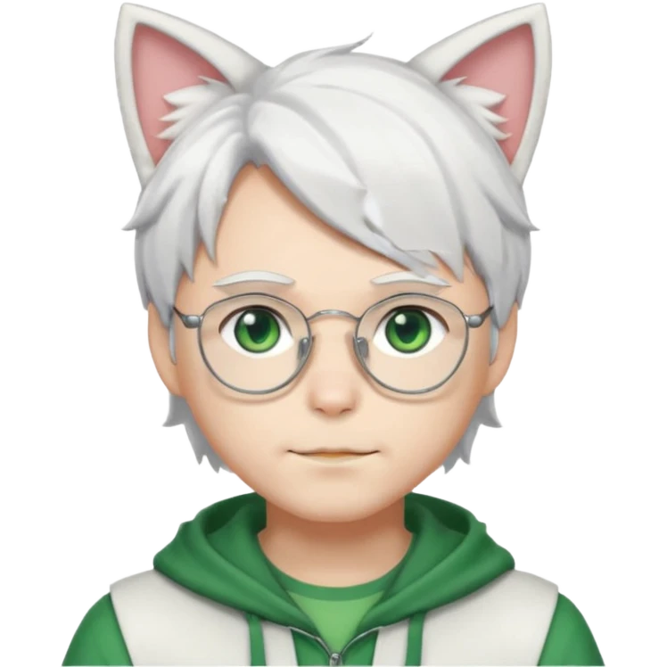 An anime guy with white hair, white cat ears, green eyes, and glasses, only head emoji