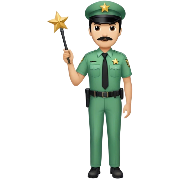 Chill guy in correctional officer green uniform. Full body. Black hair black mustache.  Light brown skin tone. Star badge. With duty belt and baton. Tan shirt with tie emoji