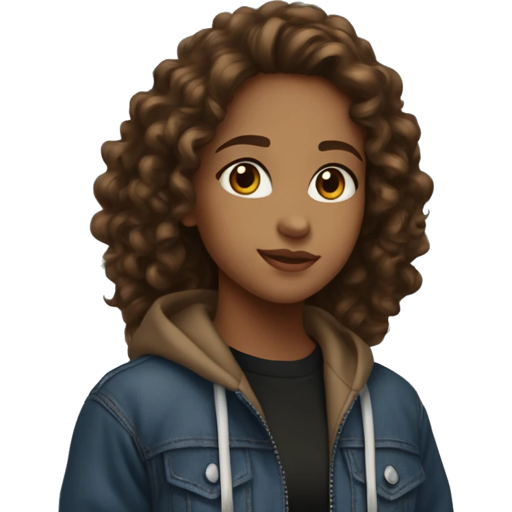 Girl with hazel eyes, tan skin, and long brown curly hair wearing a black zip up hoodie amd blue jeans  emoji