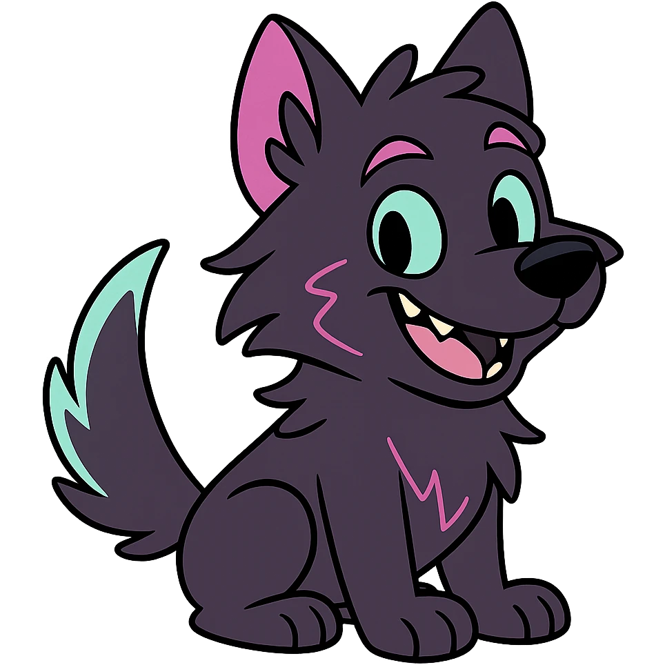 cute wolf pup with dark purple fur, neon mauve and neon teal highlights, grinning, comic style emoji