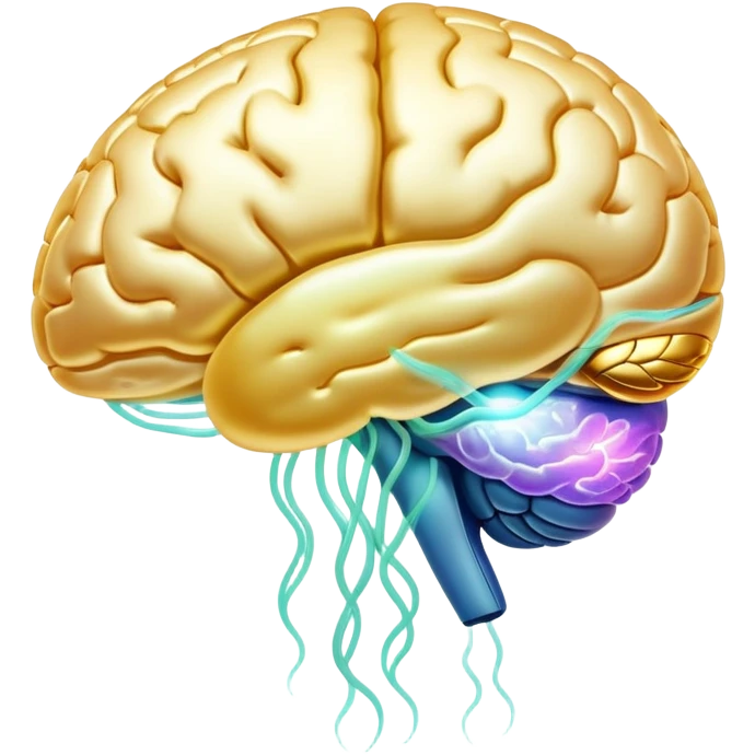 Pearlescent capsule floating between a translucent glowing brain and a translucent liver. Golden waves of connection emanate from the brain, representing improved memory, clarity and neural communication. The entire scene has an ethereal glow showing the beneficial properties of choline. emoji