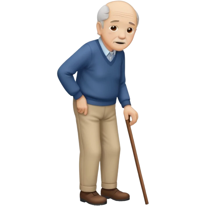 An old men leaning on a single cane walking with the other hand on his back to express back pain emoji