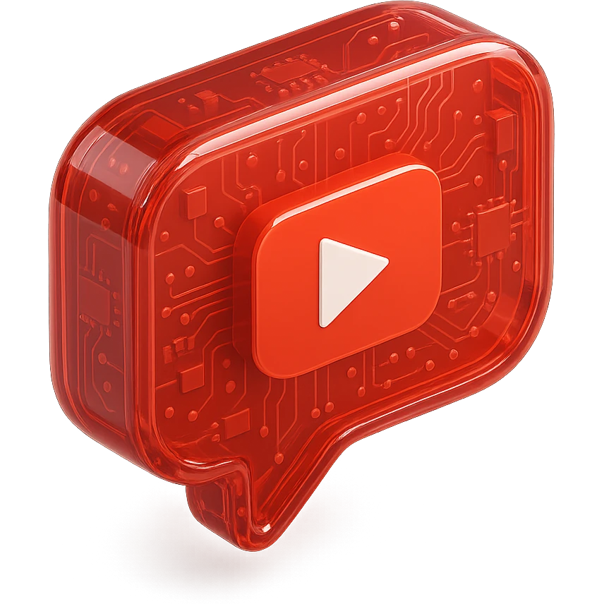 red opacity 0.6 speech bubble with inside a big red YouTube white play button, very glossy circuit style emoji