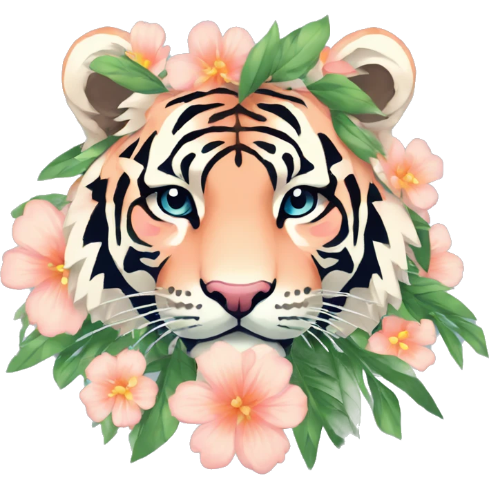 Pixel art of a pixel pink peach beige blue cream pastel pixel tiger wearing tropical flowers and leaves, flower crown, floral, pixel emoji