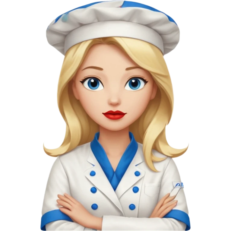 Beautiful, sexy,  long blonde hair, blue eyed, full red lips plunging v neck chefs coat, female chef arms folded  emoji