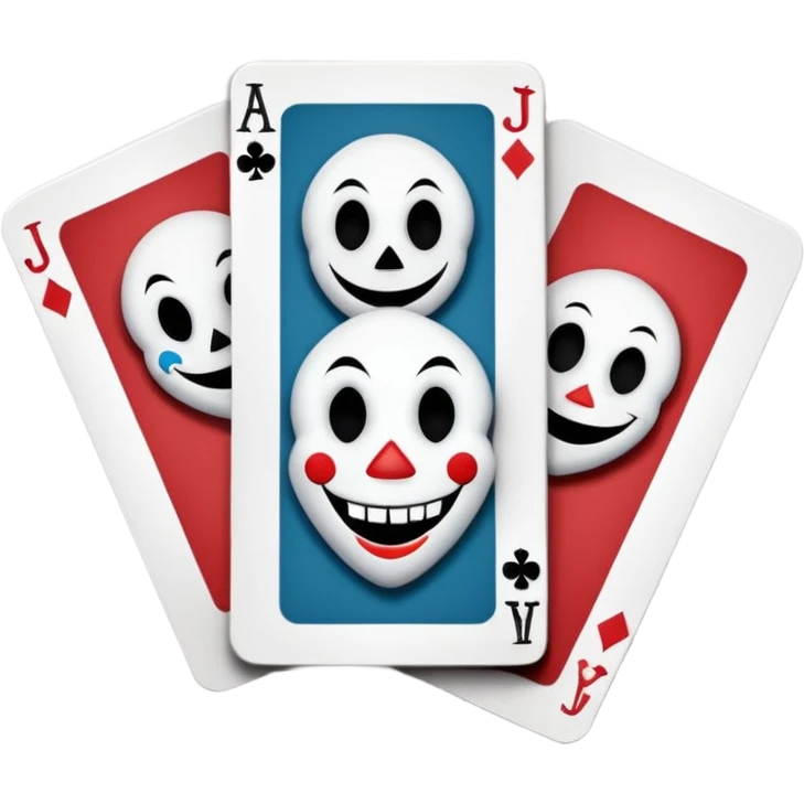 bunch of 3 poker cards, with crazy colorful human jolly jokers inside, inversed face, cuphead style emoji