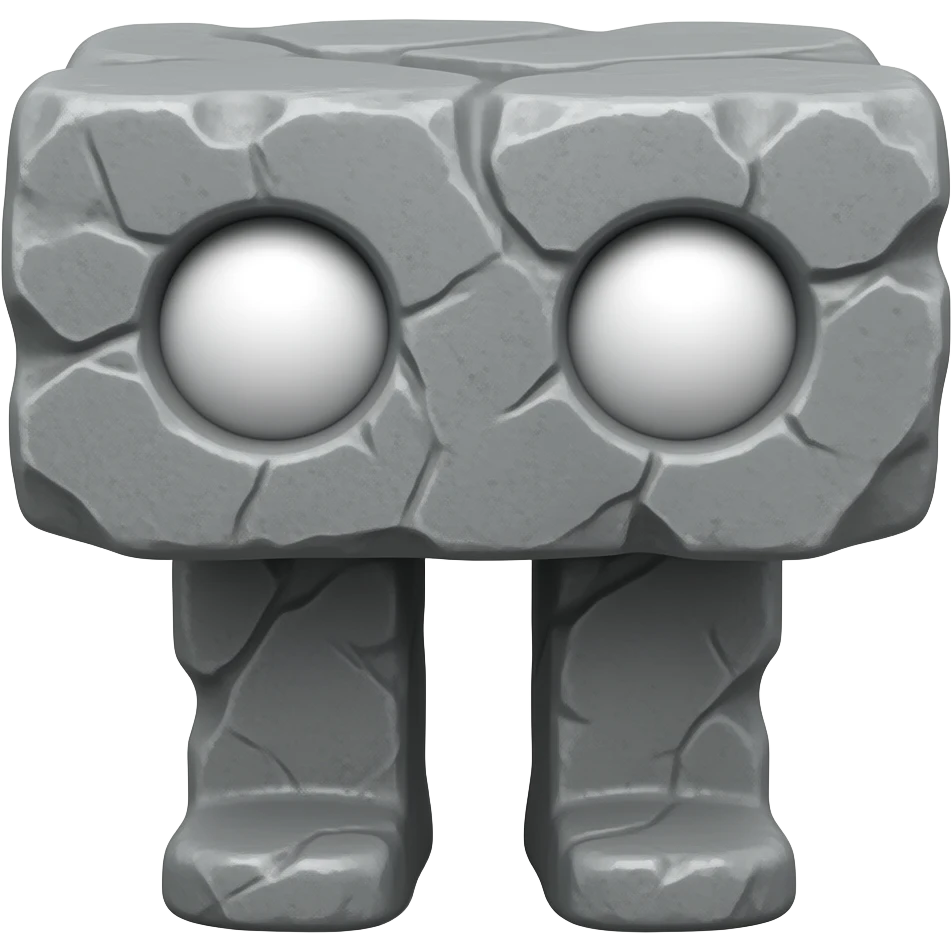 A platform with carved out eyes with white eyes and the platform is made of stone and also with legs with no arms facing forward with two legs emoji