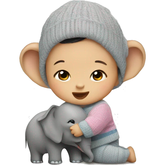 Asian baby in a sweater playing with an elephant  emoji