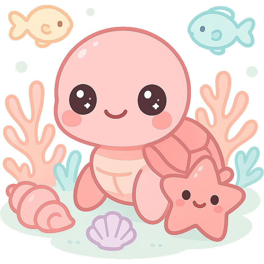extremely cute underwater cartoon turtle, starfish, and shells together, big round heads, huge sparkling eyes, small smiling mouths, pink shiny skin, rosy cheeks, soft pastel colors, plastic toy-like texture, chibi style, surrounded by colorful fish and coral, gentle lighting, 3D-rendered, high detail, kawaii aesthetic emoji