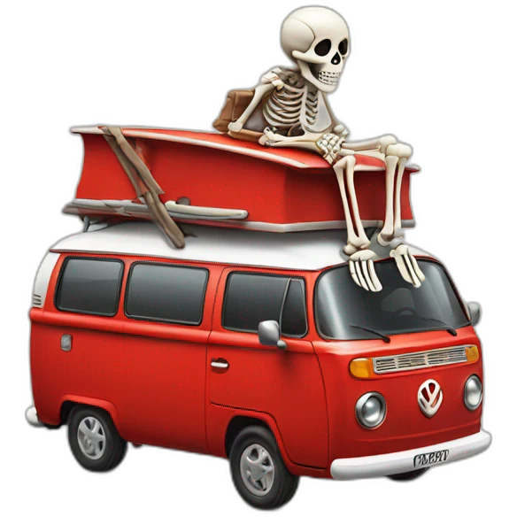 Skeleton sit on a red Campervan  emoji