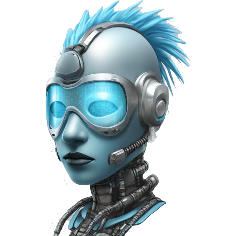 Light blue Mohawk female cyborg head with silver respirator mask and circuits emoji