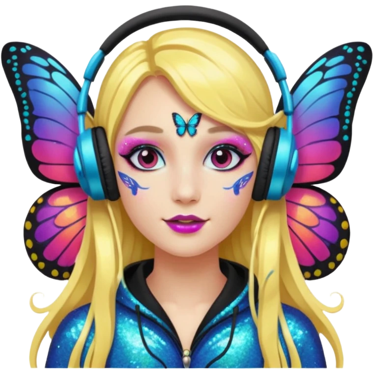 long haired make glitter makeup fairy wearing headpones wing butterfly wings  emoji