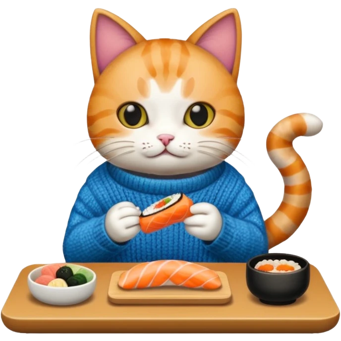 cat wearing a sweater playing video games eating sushi emoji